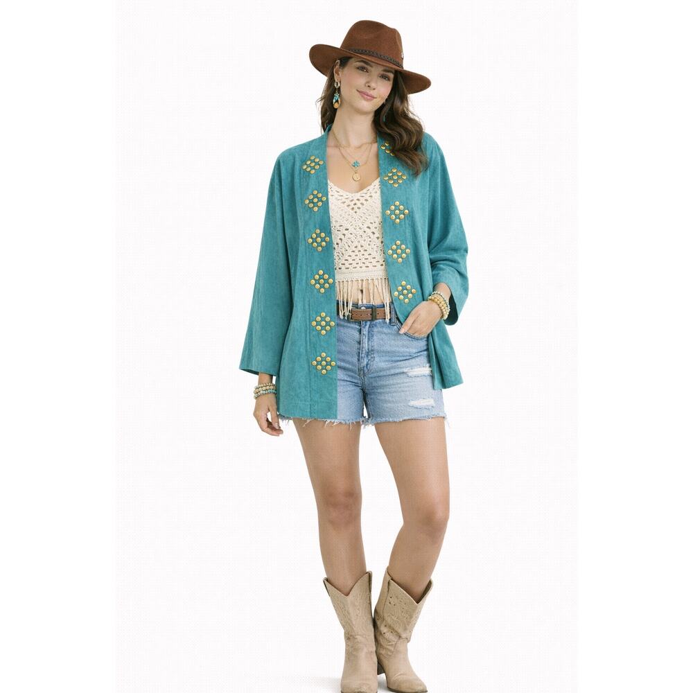 Teal Suede Studded Kimono Jacket Boho Western Luxe Festival Duster Relaxed Fit